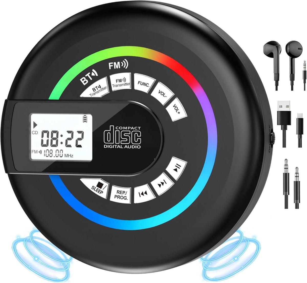 MUSICOZY Portable CD Player Bluetooth Personal CD Player with Built‑in Speakers Rechargeable Walkmans Support CD/MP3 Disc&USB Playback LCD Display Retro CD Player for Home Travel Car Student