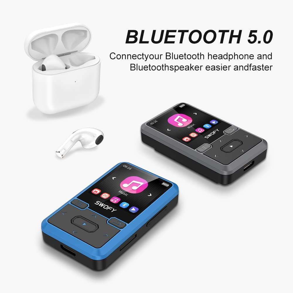 32GB MP3 Player with Bluetooth 5.0  Mini Clip Portable Wearable MP3 Player with FM Radio Recording  Children s Music mp3 Player  Mp3 Mp4 Player with Pedometer  Music Player Support up to 128GB(Blue)