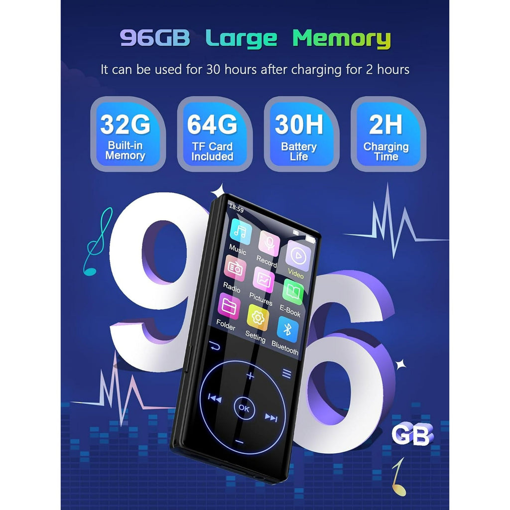96GB MP3 Player with Bluetooth 5.0: Portable Lossless Sound Music Player with HD Speaker 2.4  Screen Voice Recorder FM Radio Touch Buttons 32G Storage+Support up to 64GB for Running Walking