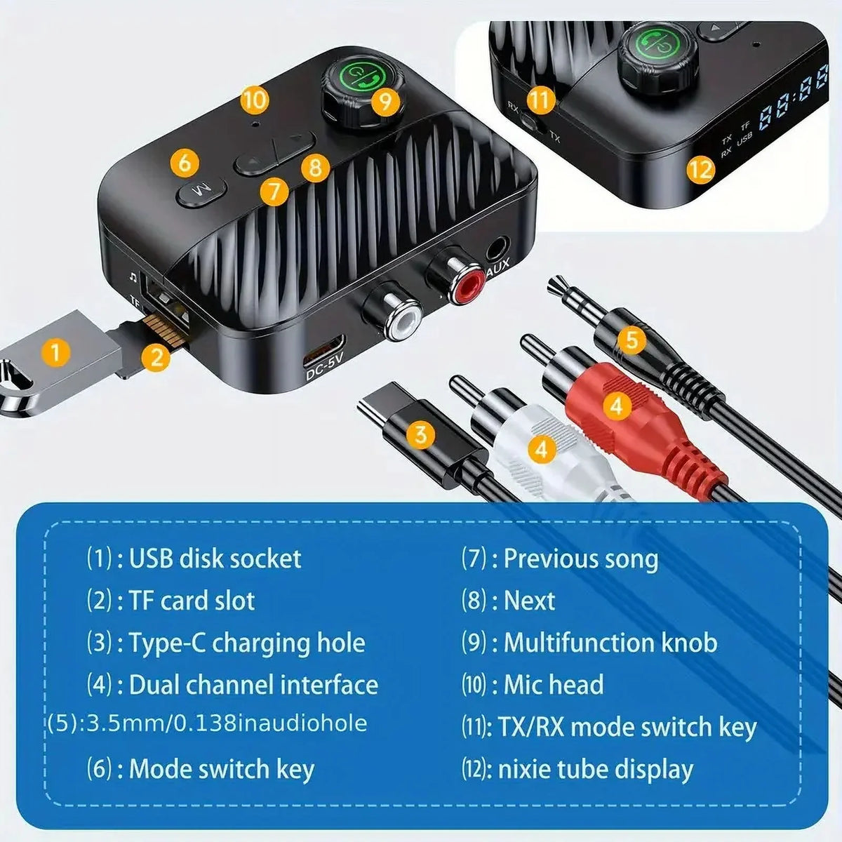 Bluetooth Transmitter Receiver  Bluetooth 5.3 Audio Adapter for 3.5mm Jack Aux / RCA for Home Stereo / Smartphone/ Tablet / Laptop / Car  Suport Most with Audio Transmitter Receiver