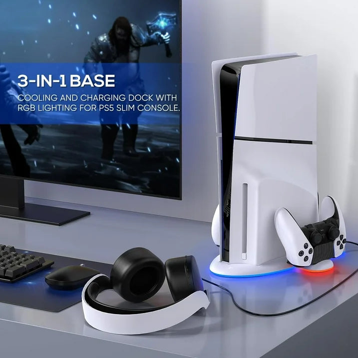Charging Stand with Cooling Fan for PS5 Slim Console  Dual Controller Charger Station with 9 RGB Light for DualSense/Edge  Quiet Cooling System Accessories for Playstation5 Slim Digital/Disc