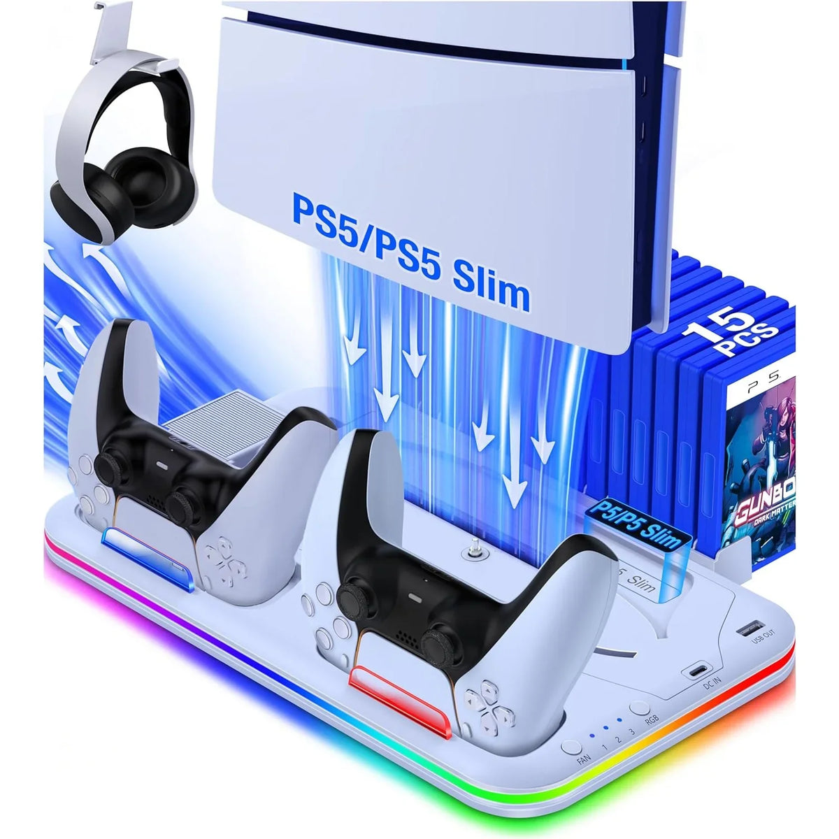 PS5 Slim Stand and Turbo Cooling Station with Controller Charging Station for Playsation 5  3 Levels Cooling Fan  RGB Light  15 Game Storage  Headset Holder for PS5 Digital/Disc