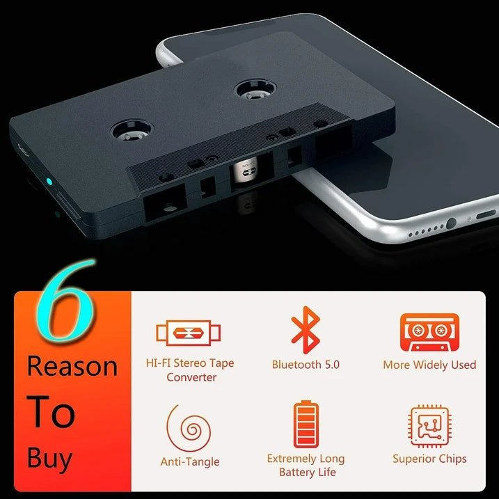 Wiher Car Audio Bluetooth Wireless Cassette Receiver  Tape Player Bluetooth 5.0 Cassette Aux Adapter Black