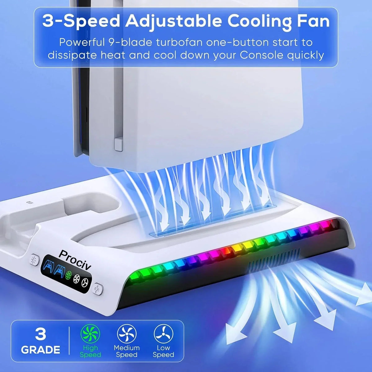Prociv Charging Stand with Cooling Fan Only for PS5 Slim Console  Dual Controller Charger Station with 9 RGB Lights & Headset Hook & 3-Level Silent Fan  Cooler Accessories for PS5 Slim Digital/Disc