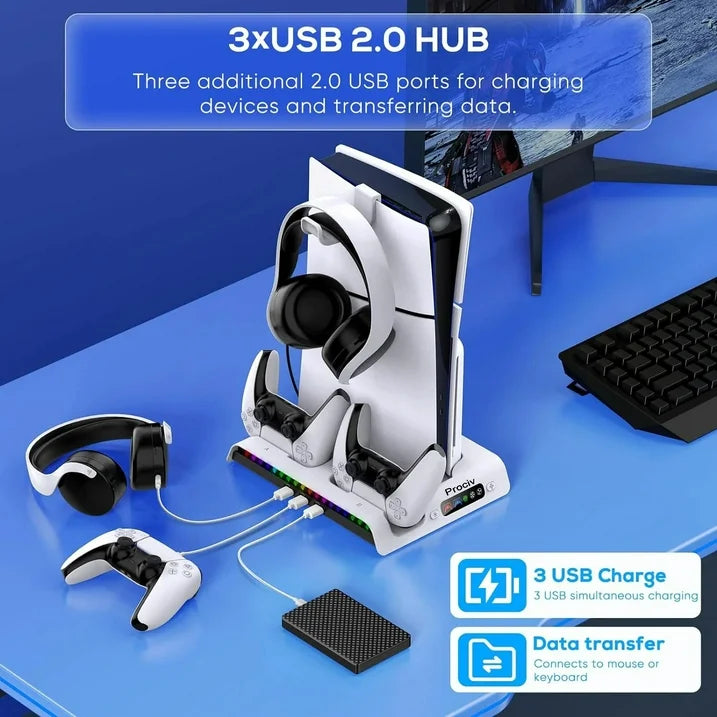 Prociv Charging Stand with Cooling Fan Only for PS5 Slim Console  Dual Controller Charger Station with 9 RGB Lights & Headset Hook & 3-Level Silent Fan  Cooler Accessories for PS5 Slim Digital/Disc