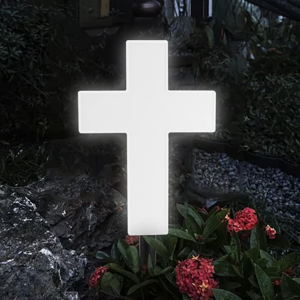 XEAZON Solar Cross Grave Garden Stake Outdoor Lights Solar Cross for Cemetery Solar Powered Cross Lights Stake LED Jesus Halloween Cross Light Decoration Garden Cross Marker for Yards Gardens Patio
