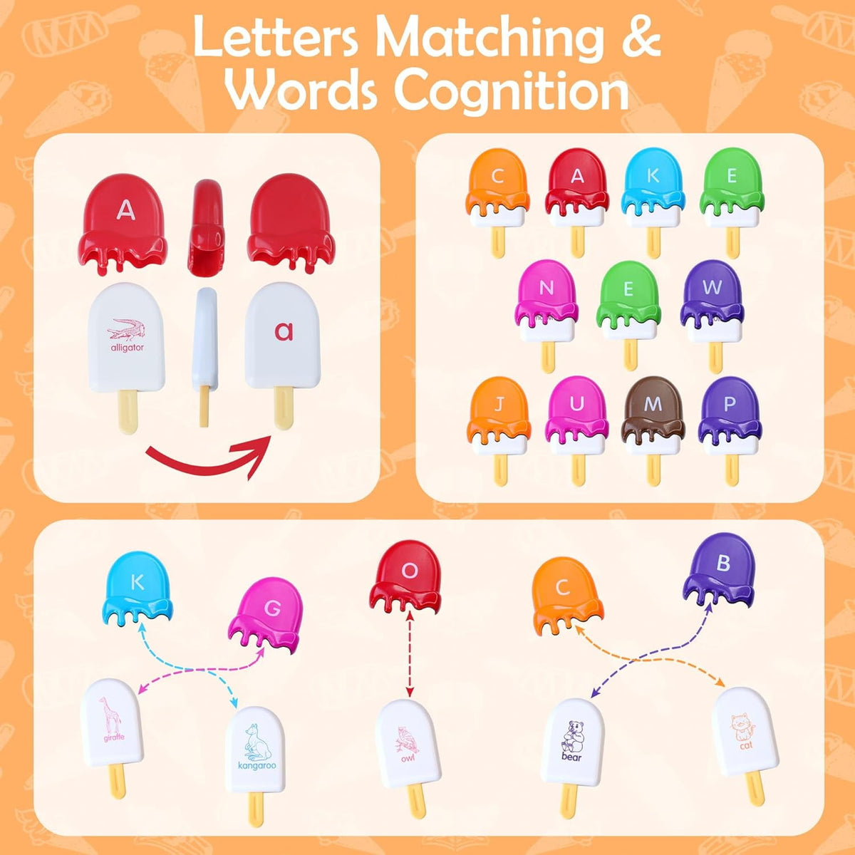 CEDQ ABC Alphabet Learning Toys for Baby 3 4 5 Alphabet Popsicles Animal Matching Toy Uppercase Lowercase Preschool Learning Activities Montessori Toys Back to School Gifts for Kids Ages 3+ 52 Pcs