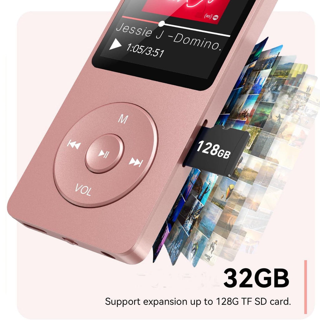 MP3 Player with Bluetooth and 32GB TF Card HiFi Music Player with Built-in Speaker Earphones Multifunctional MP3 Players with FM/Recording/E-Book/Video Supports up to 128GB for Kids Running Walking