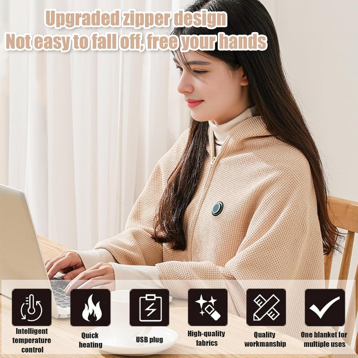 Heated Shawl Wrap Portable Electric Heated Shawl Fast Heating USB Blanket Shawl with 3 Heating Levels Soft Zipper Hooded Blanket Shawls for Women Men Home Outdoor Office Use Gifts (No power bank)