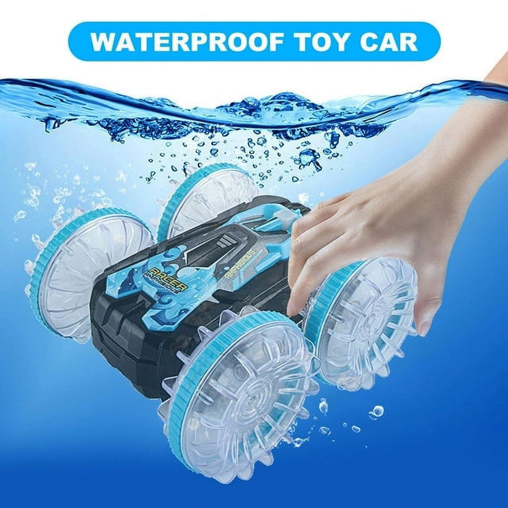 Amphibious Remote Control Cars Toys Amphibious Waterproof 4WD RC Stunt Car Toys for Kids 2.4 GHz 360° Rotating RC Drift Cars with LED Light Toy Cars Gifts for 3-12 Year Old Boys Girls Blue