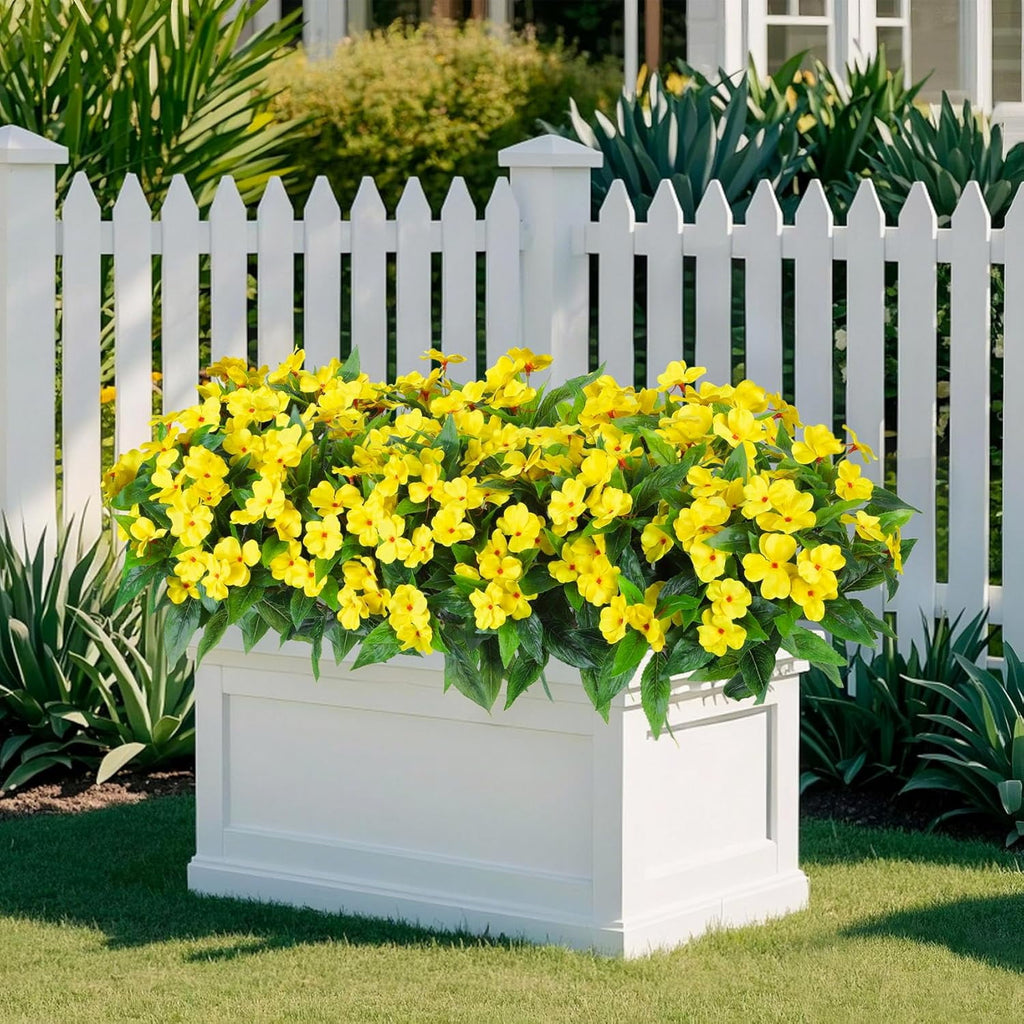 5 Pcs Artificial Flowers for Outdoors Silk Impatiens Flowers Bouquet Decorations Fake Faux Plants UV Resistant for Spring Summer Garden Porch Patio Window Box Balcony Planters Home Decor Yellow