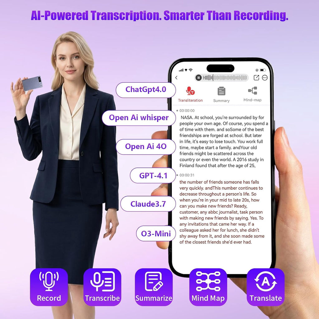 MUSICOZY AI Voice Recorder w/Case AI Note Taker & App Control Real-Time AI Transcription and Summary Noise Cancellation 152 Languages 64GB Digital Audio Recorder for Meetings Lectures & Calls
