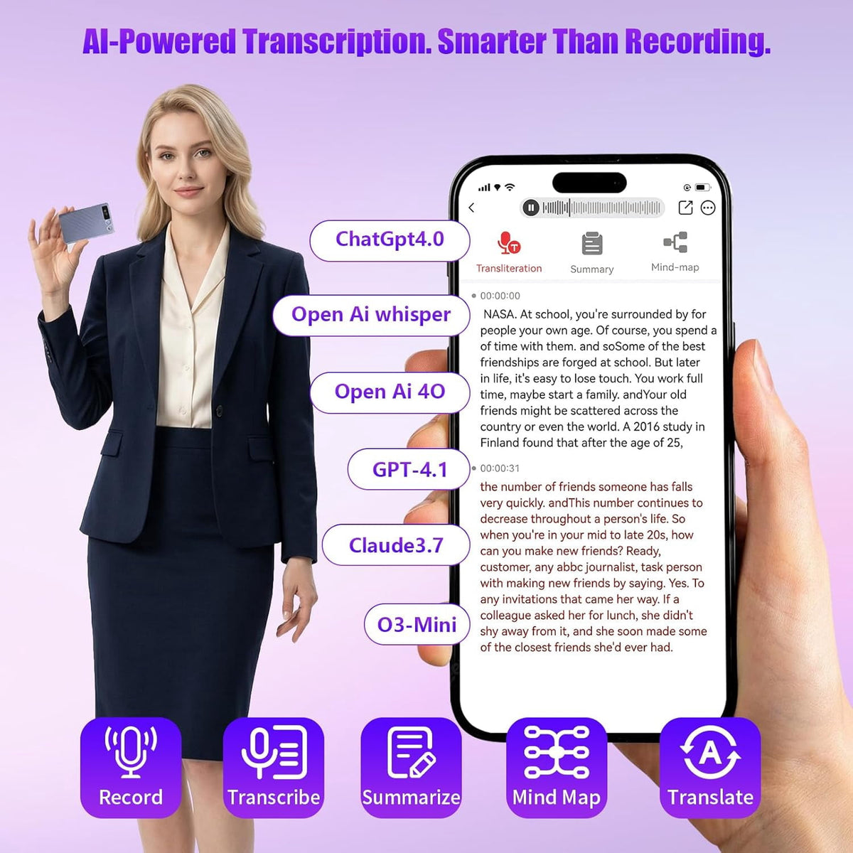 MUSICOZY AI Voice Recorder w/Case AI Note Taker & App Control Real-Time AI Transcription and Summary Noise Cancellation 152 Languages 64GB Digital Audio Recorder for Meetings Lectures & Calls