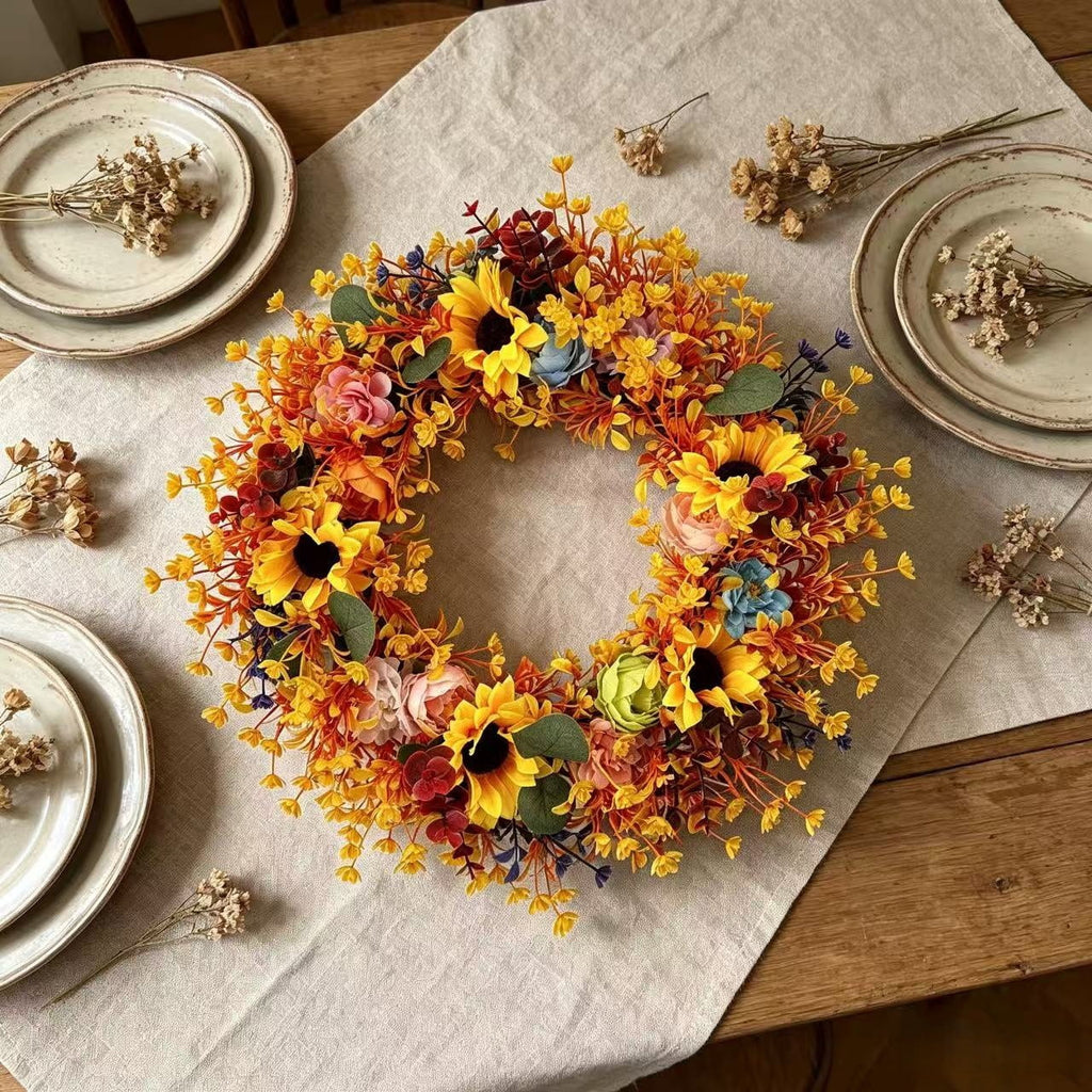 Fall Wreath Thanksgiving Decorations-18inch Fall Wreath with Sunflower Maple Leaf for Front Door - Autumn Wreath Artificial Wreaths with Flower for Thanksgiving Halloween Harvest Festival Home Decor