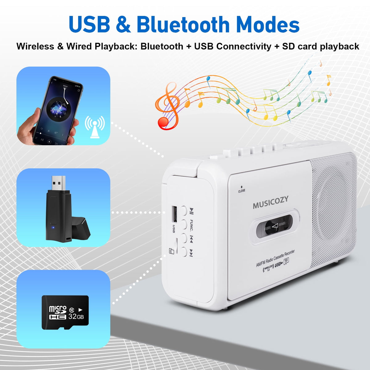 Portable Cassette Player with AM/FM Radio Bluetooth Casette Tape Player Recorder with Headphone Jack Cassette Boombox for Home and Travel Elderly Gift Audio to Cassette Converter AC/Battery Power