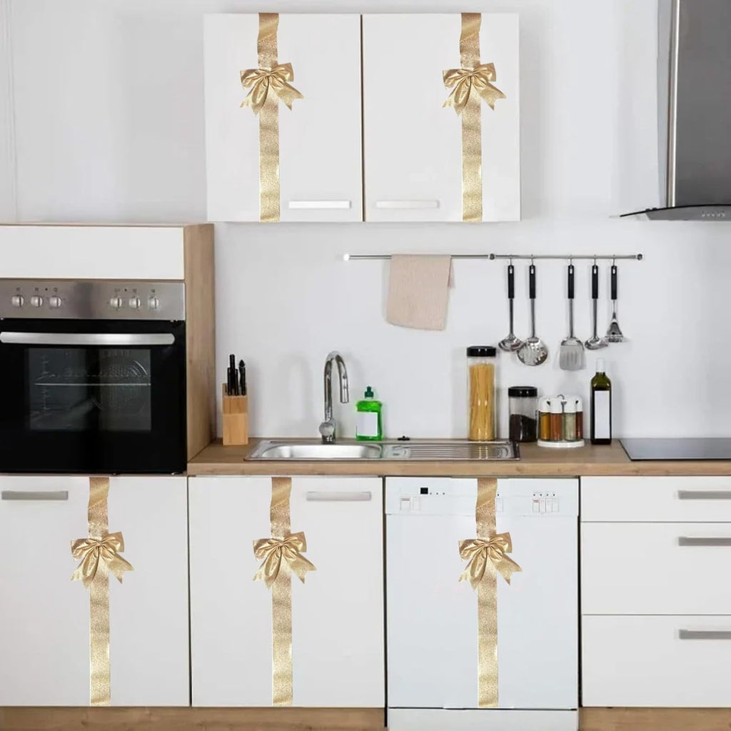 6 Pcs Large Christmas Cabinet Bows 8x40 Christmas Gold Ribbon Easy to Install on Cabinet Door Christmas Wreath Tree Bow Festival Decorations for Home Fireplace Door Holiday Party Wedding Supplies