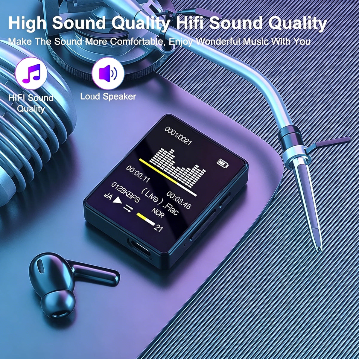 64GB MP3 Player Mini Digital Walkmen Portable MP4 Bluetooth Stereo Speaker HiFi Music Player Multifunction MP3 with Recording E-Book Alarm Clock Video Photo Supports up to 128GB Running Walking