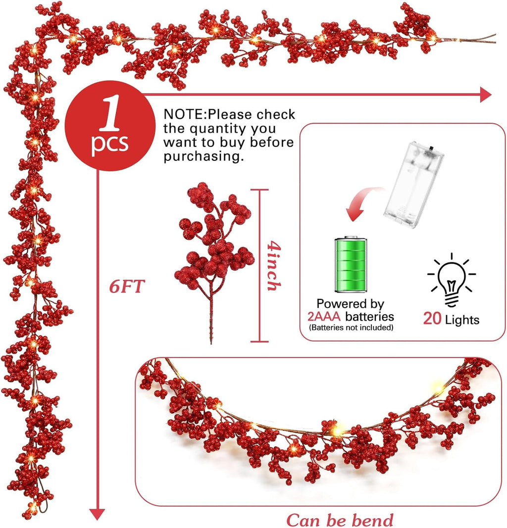 Christmas Red Berry String Garland Artificial Lighted Berry Garland for Home Xmas Winter Valentine s Day Holiday Fireplace Mantel Table Decorations Tree Decor 6 ft Xmas Decoration (1 Piece)