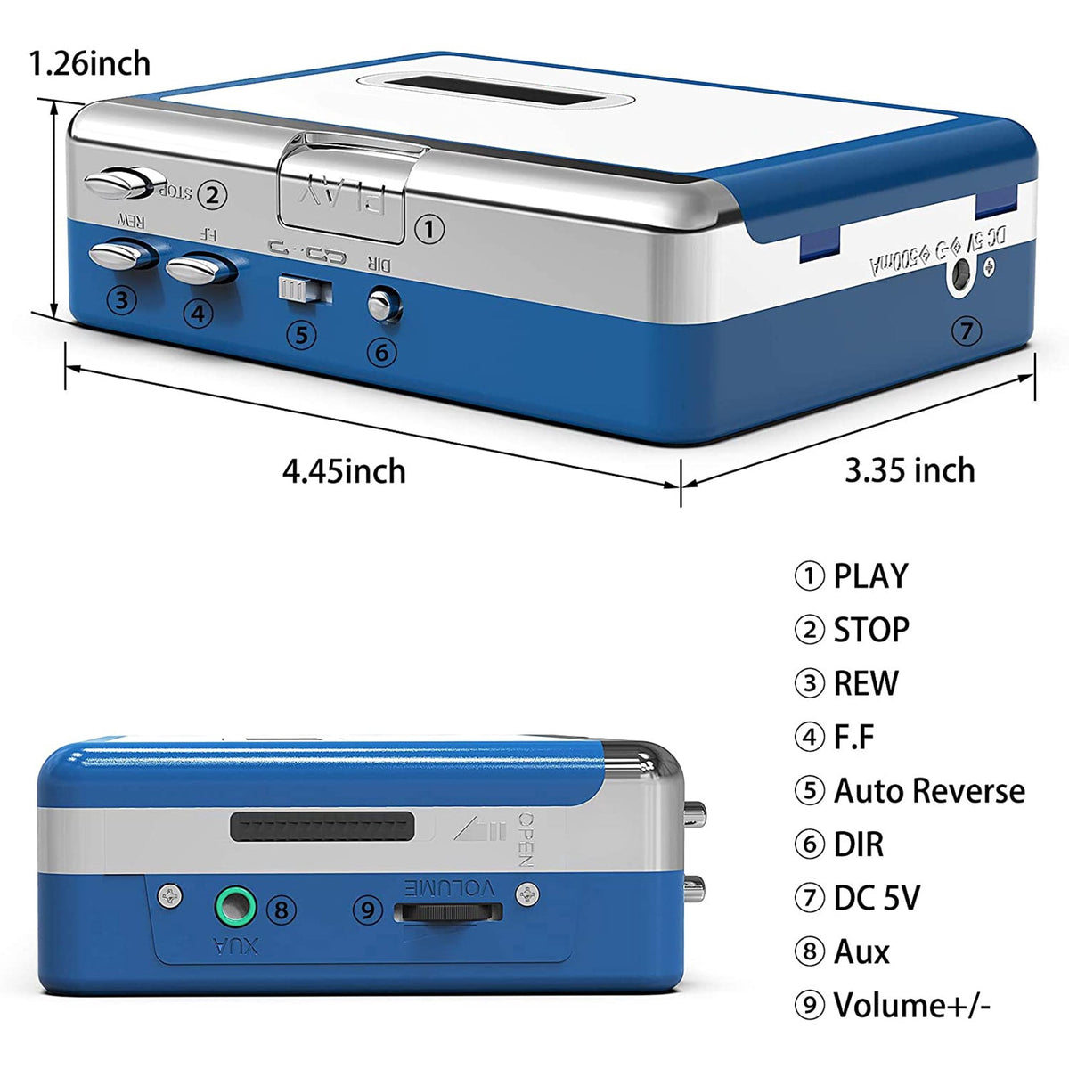 Bluetooth Cassette Player Portable Auto Reverse Tape Player Bluetooth Output to Headphone Speaker Walkmen Tape Player with 3.5mm Jack Headphone Speaker USB Cable