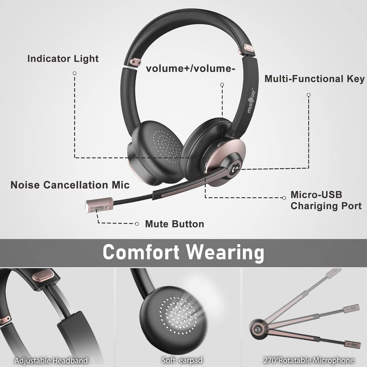 MUSICOZY Bluetooth Headset with Microphone Wireless Headphones with Noise Cancelling Mic 26hrs talktime On Ear Headphones with Mic Mute for Mac/Laptop/Zoom/Teams/Call Center/Office/Home Rose Gold