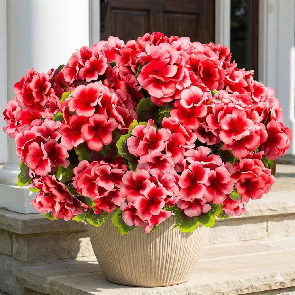 XEAZON Artificial Fake Flowers for Outdoors Decoration 6 Bundles Silk Geraniums Flower UV Resistant Look Real Faux Plants for Spring Summer Garden Porch Patio Window Box Balcony Planters Home Decor