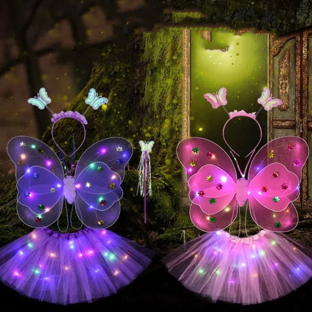 LED Children Costume Prop for Halloween Christmas Fairy Princess Kids Costume Sets Butterfly Wings Wand Headband Tutu Skirt New Year Gifts for 3 4 5 6 7 8 Years Old Girls Red with Light