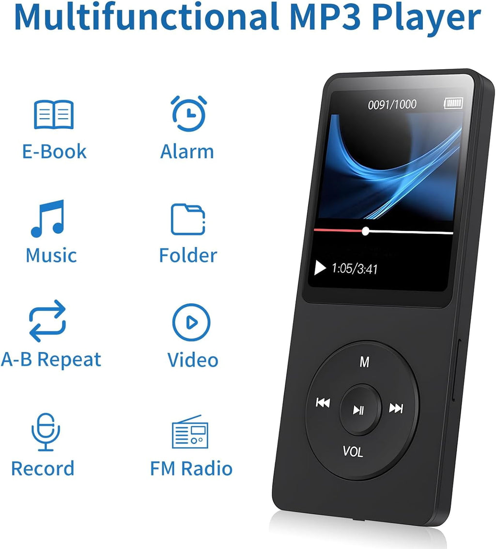 MP3 Player Music Player with 64GB Micro SD Card Earphone Build-in Speaker/Photo/Video Play/FM Radio/Voice Recorder/E-Book Reader Supports up to 128GB for Kids Running Walking