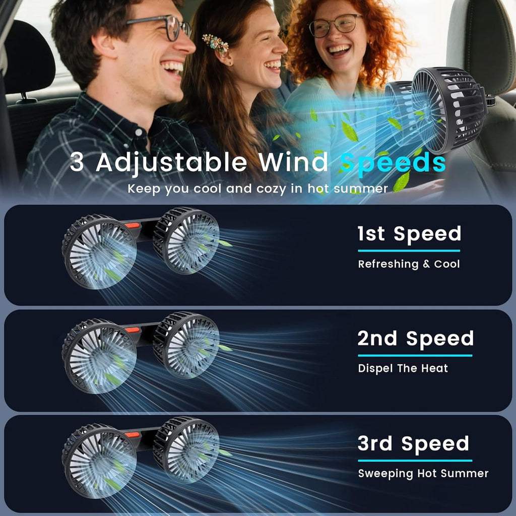 USB Car Cooling Fans for Backseat Dual Head Car Fan for Kids 360° Rotatable Headrest Fans 3-Speed Ultra-Quiet 5V Powerful Electric Air Circulation Fan for SUV Truck Sedan