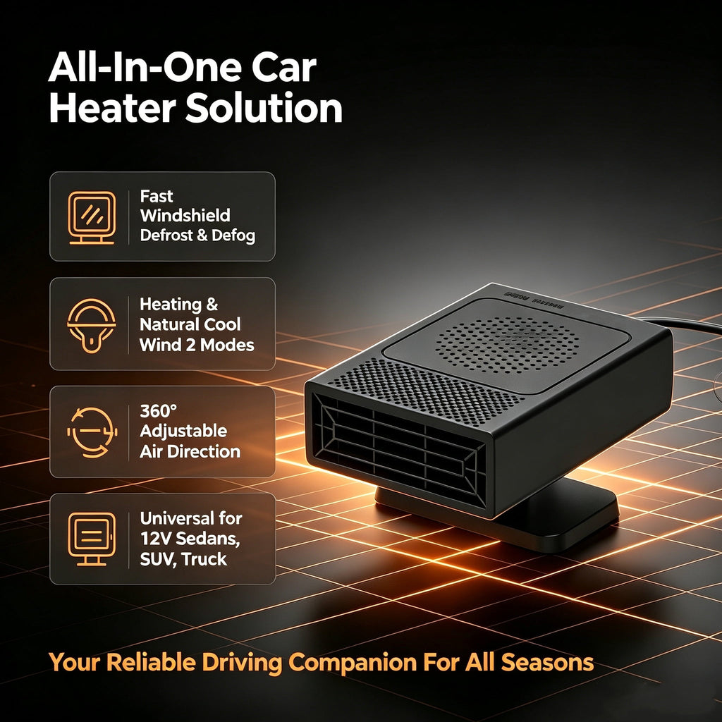 Portable Car Heater 12V Cool&Warm Dual‑Use Car Heater Defroster Fast Heat Windshield Defog Defrost 2 Heat Modes Dual Suction&Adhesive Mount Base 360° Rotatable Auto Space Heater for Winter Defrost