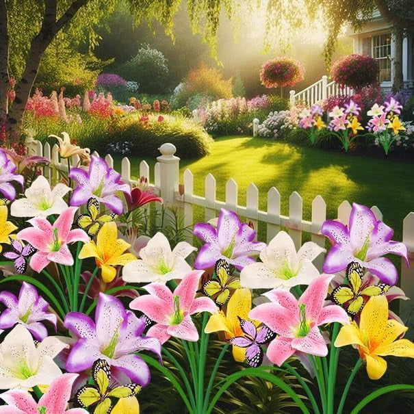 2 Pack Solar Garden Flower Lights Outdoor 8 Waterproof Solar Lilies with Butterflies Christmas Decorative Lights Outside Decor Stake Light for Landscape Yard Patio Lawn Gift for Women Mom Grandma