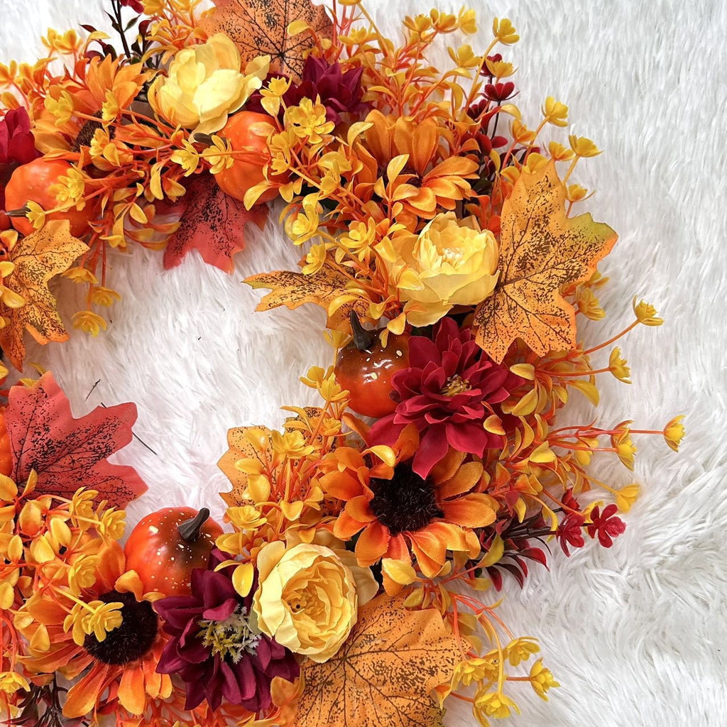 Fall Wreath Thanksgiving Decorations - 18inch Fall Wreath with Pumpkin Maple Leaf for Front Door - Autumn Wreath Artificial Wreaths with Flower for Thanksgiving Halloween Harvest Festival Home Decor
