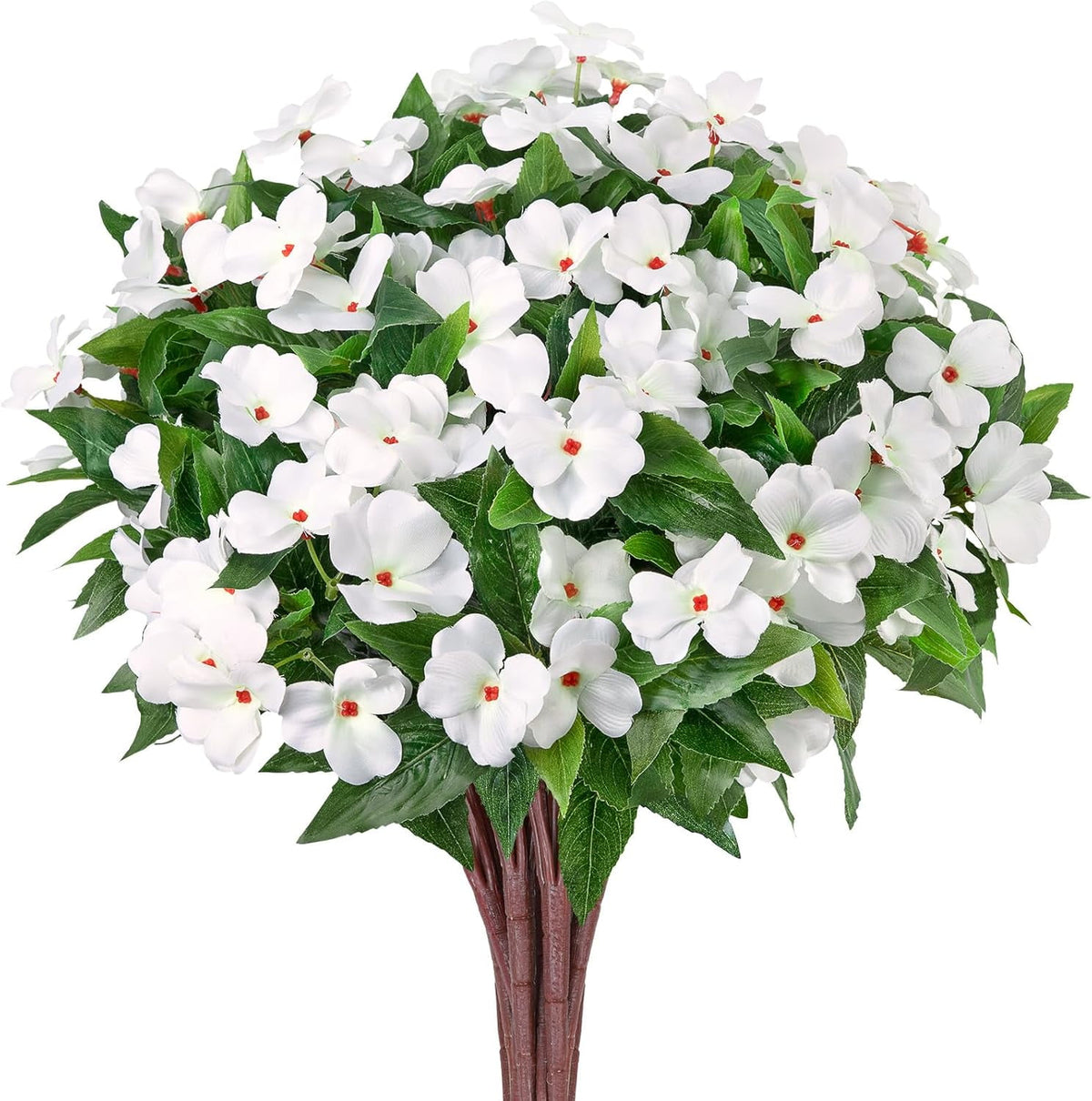 5 Pcs Artificial Flowers for Outdoors Silk Impatiens Flowers Bouquet Decorations Fake Faux Plants UV Resistant for Spring Summer Garden Porch Patio Window Box Balcony Planters Home Decor White