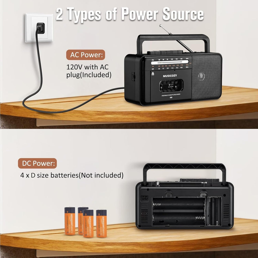 Cassette Tape Player Bluetooth Boombox Cassette Player AM/FM/SW Radio Stereo Tape Player/Recorder with Big Speaker and Earphone Jack USB/TF Card Player AC Powered or Battery Operated Black