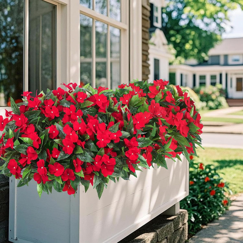 5 Pcs Artificial Flowers for Outdoors Silk Impatiens Flowers Bouquet Decorations Fake Faux Plants UV Resistant for Spring Summer Garden Porch Patio Window Box Balcony Planters Home Decor Red