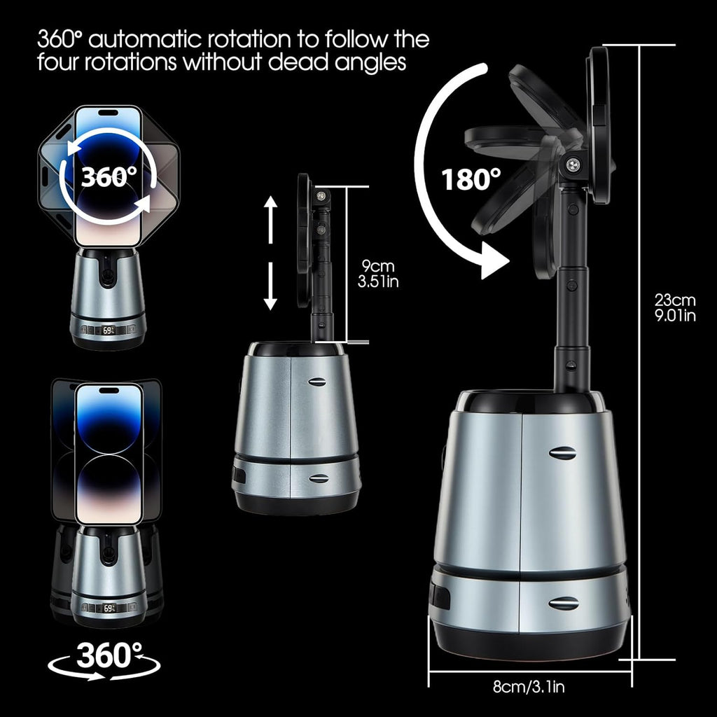 Auto Face Tracking Tripod Magnetic Fast Charger AI Smarts 360° Rotating Cell Phone Photo Video Tracking Gimbal No App Gesture Control Rechargeable Smart Shooting Stand for Live Video Recording Tiktok