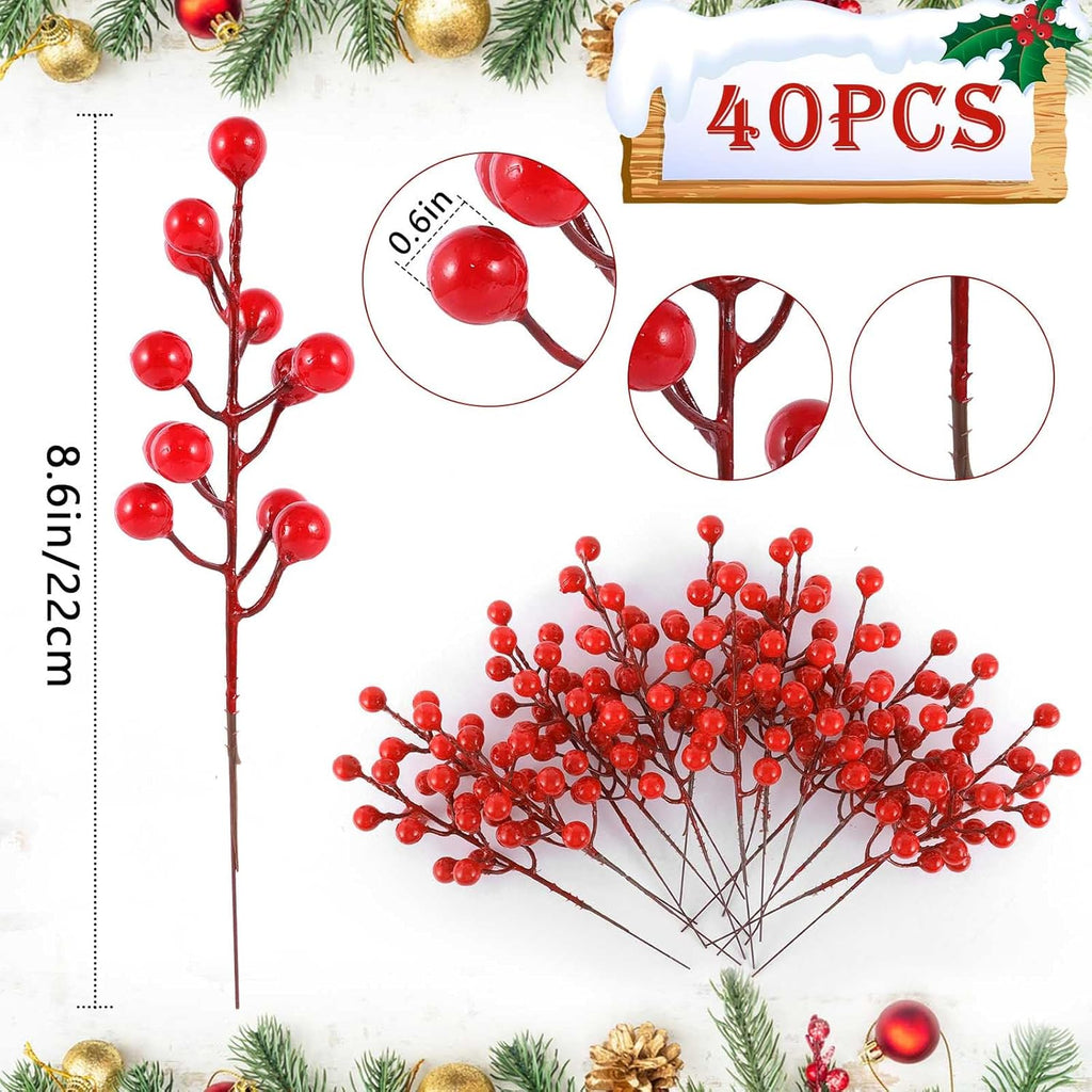 40 Pcs Artificial Berry Stems Branches Fall Halloween Faux Holly Berries Artificial Fall Flowers Accessories for Autumn Thanksgiving Wreath Christmas Tree DIY Craft Decorations Holiday Home Decor