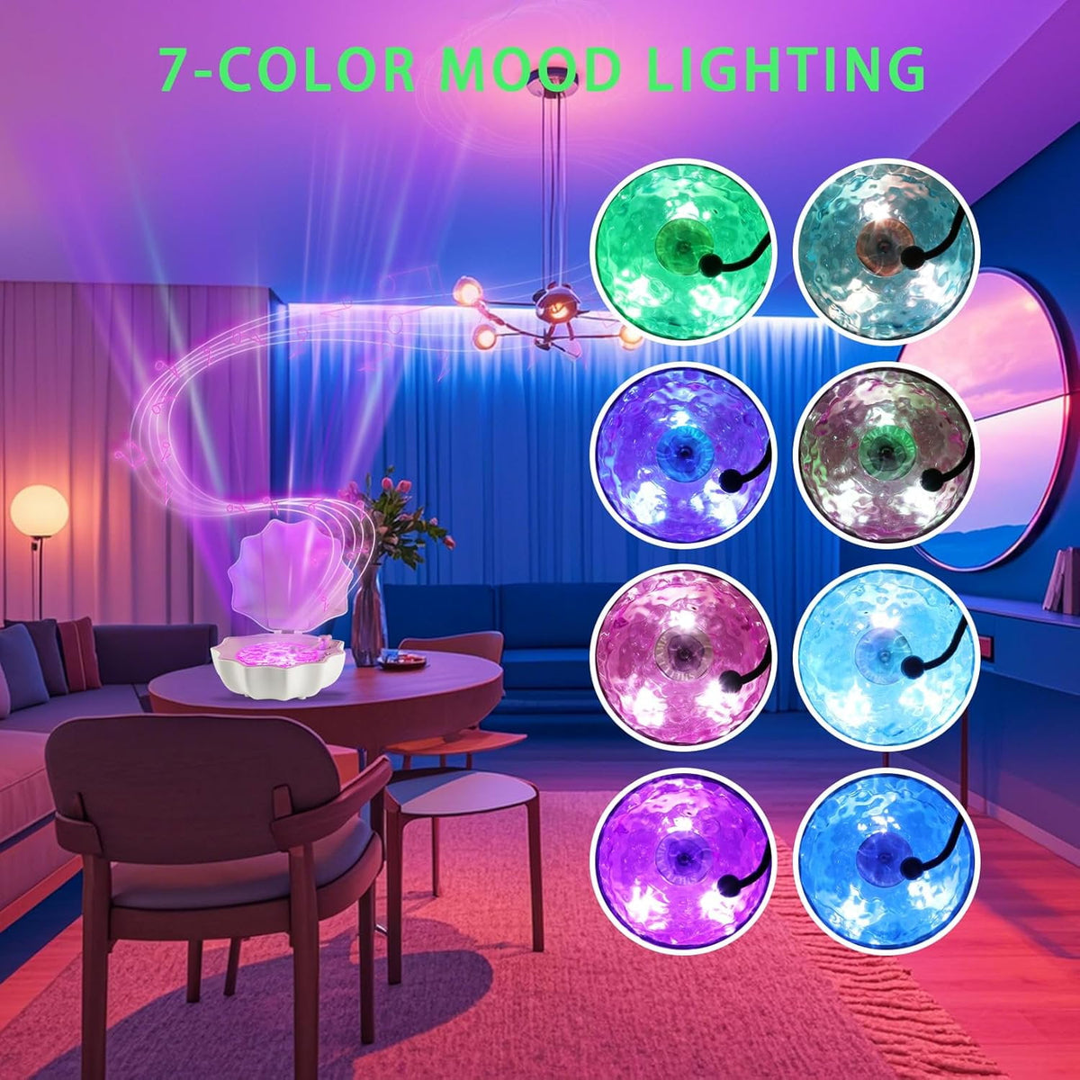 MUSICOZY Waves Vinyl Bluetooth Speaker with Mood Lamp Shell Ocean Wave Projector Light 7 Colors Waves Night Light for Bedroom Living Office (Purple)